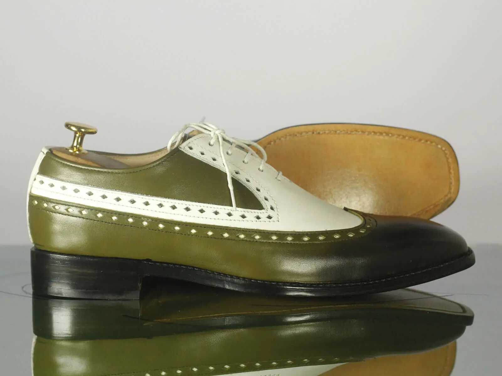 New Stylish Handmade Men's White Green Wing Tip Leather Shoes, Men Designer Dress Shoes