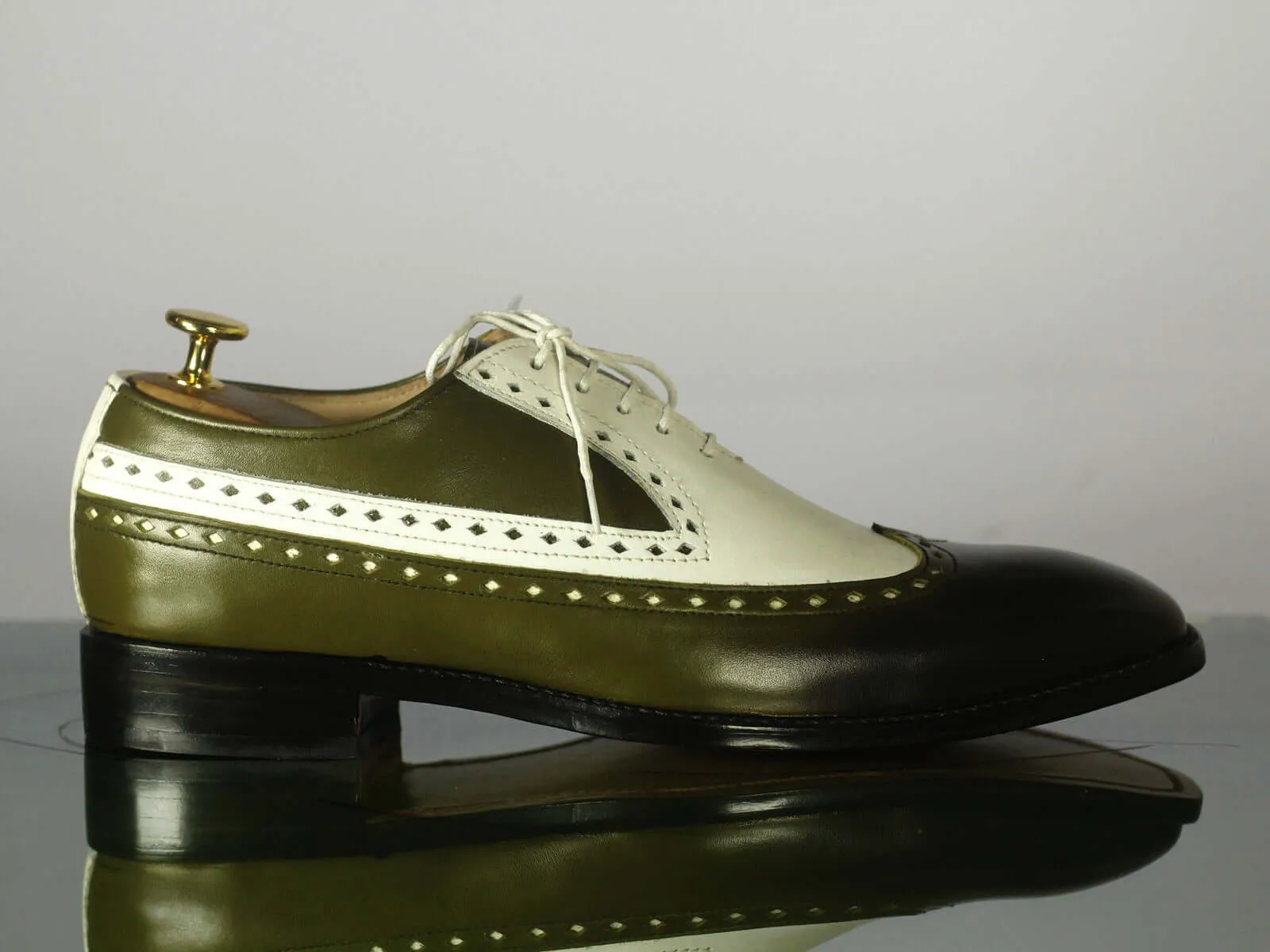 New Stylish Handmade Men's White Green Wing Tip Leather Shoes, Men Designer Dress Shoes