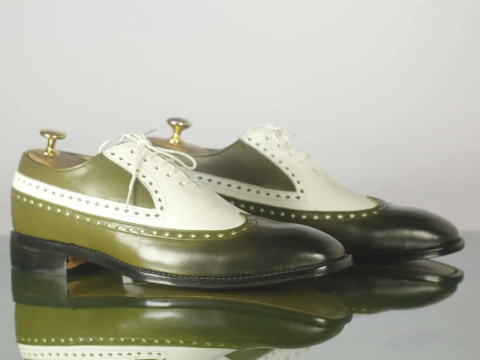 New Stylish Handmade Men's White Green Wing Tip Leather Shoes, Men Designer Dress Shoes