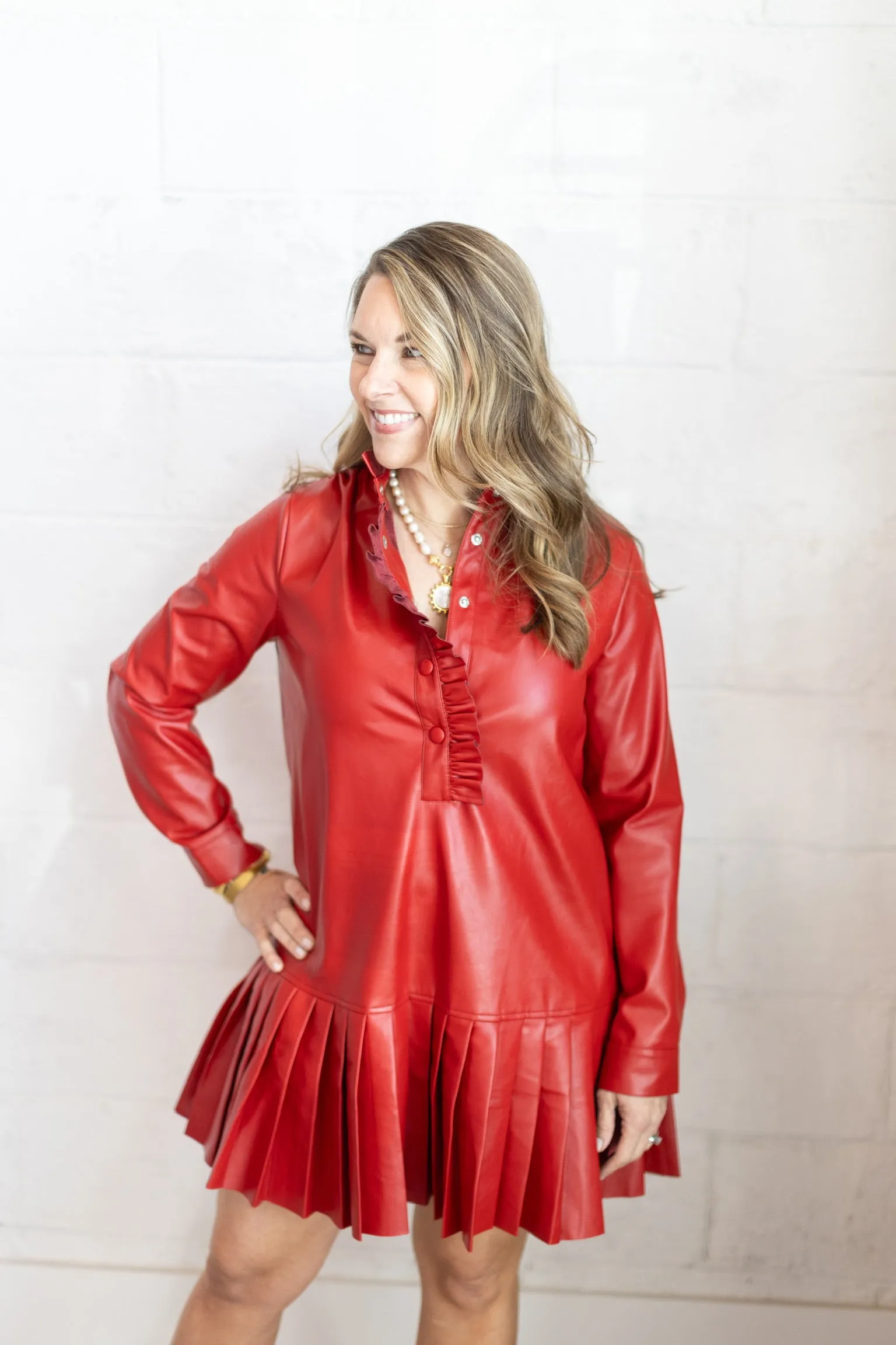 Red Leather Pleated Dress