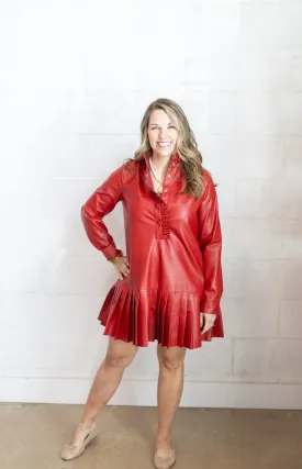 Red Leather Pleated Dress
