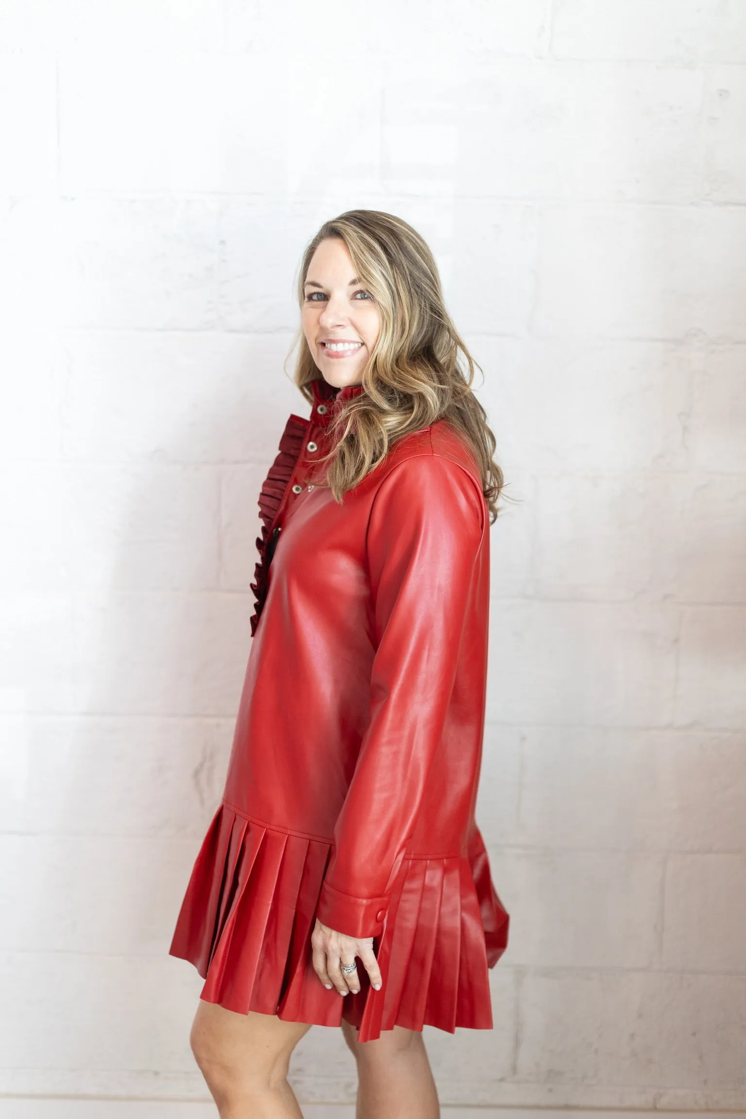 Red Leather Pleated Dress