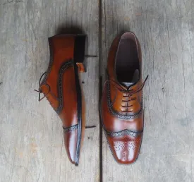 Stylish Men's Handmade Two Tone Brown & Black Wing Tip Brogue Leather Lace Up Dress Shoes