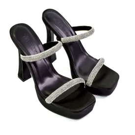Verony Diamante Strappy Square Toe Platform High Heel Mule Sandals in Black