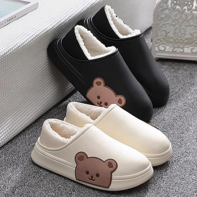 Winter Waterproof Cotton Outdoor Women Indoor Slides Soft Thick Slippers Couple Non-slip Warm Cartoon Plush Sandals