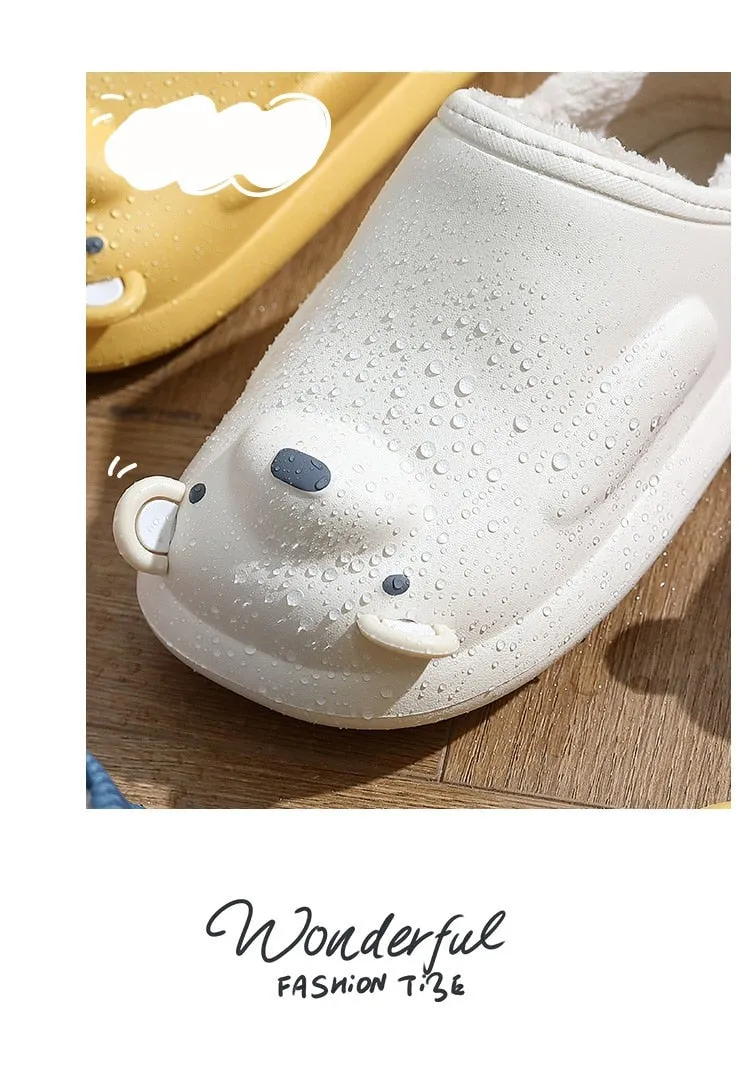 Winter Waterproof Cotton Outdoor Women Indoor Slides Soft Thick Slippers Couple Non-slip Warm Cartoon Plush Sandals