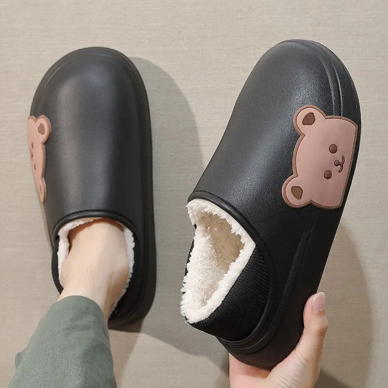 Winter Waterproof Cotton Outdoor Women Indoor Slides Soft Thick Slippers Couple Non-slip Warm Cartoon Plush Sandals