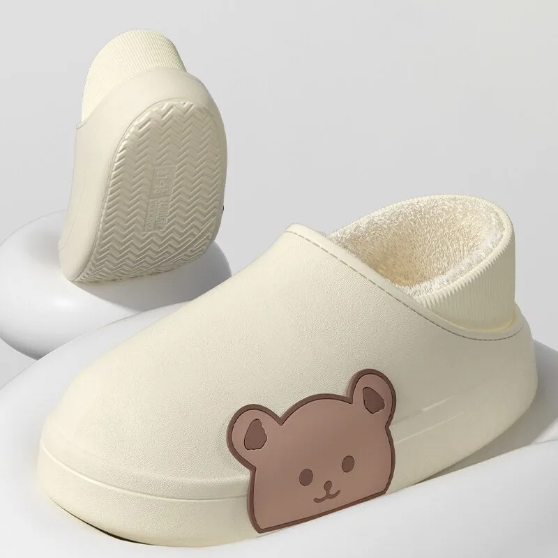 Winter Waterproof Cotton Outdoor Women Indoor Slides Soft Thick Slippers Couple Non-slip Warm Cartoon Plush Sandals