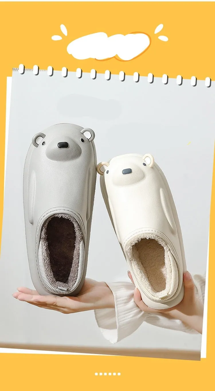 Winter Waterproof Cotton Outdoor Women Indoor Slides Soft Thick Slippers Couple Non-slip Warm Cartoon Plush Sandals
