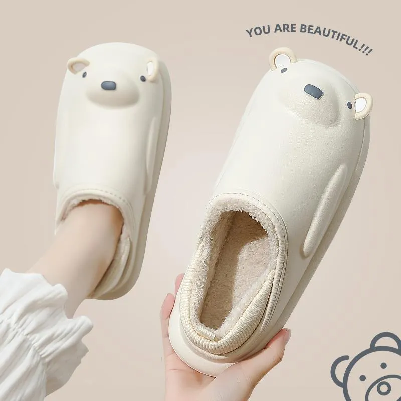 Winter Waterproof Cotton Outdoor Women Indoor Slides Soft Thick Slippers Couple Non-slip Warm Cartoon Plush Sandals