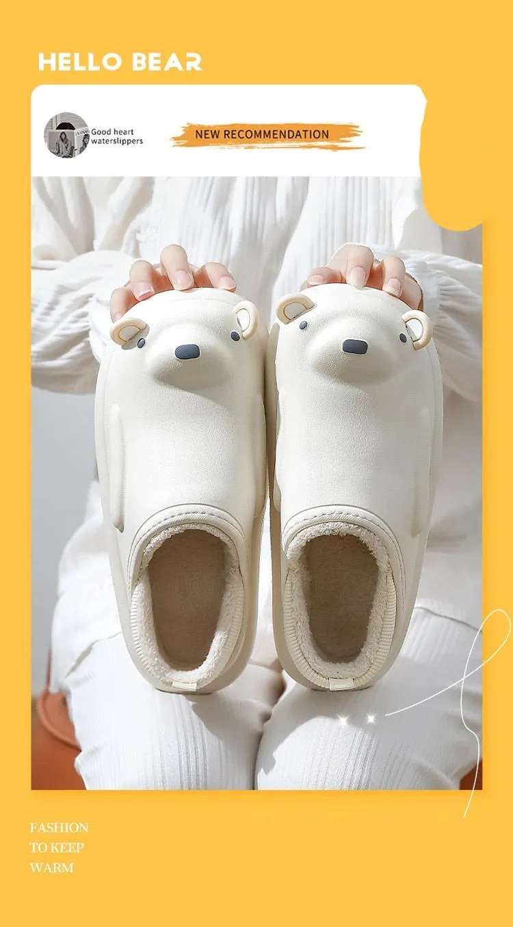Winter Waterproof Cotton Outdoor Women Indoor Slides Soft Thick Slippers Couple Non-slip Warm Cartoon Plush Sandals