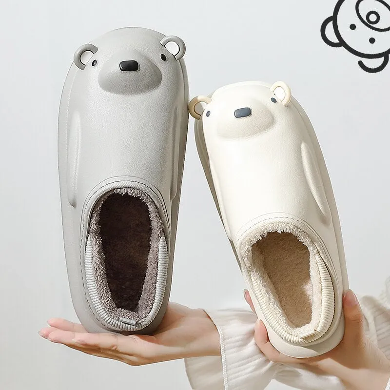 Winter Waterproof Cotton Outdoor Women Indoor Slides Soft Thick Slippers Couple Non-slip Warm Cartoon Plush Sandals
