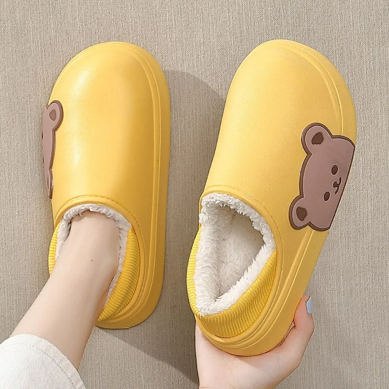 Winter Waterproof Cotton Outdoor Women Indoor Slides Soft Thick Slippers Couple Non-slip Warm Cartoon Plush Sandals