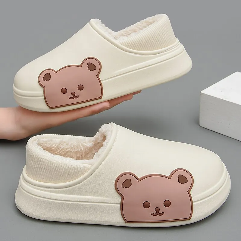 Winter Waterproof Cotton Outdoor Women Indoor Slides Soft Thick Slippers Couple Non-slip Warm Cartoon Plush Sandals