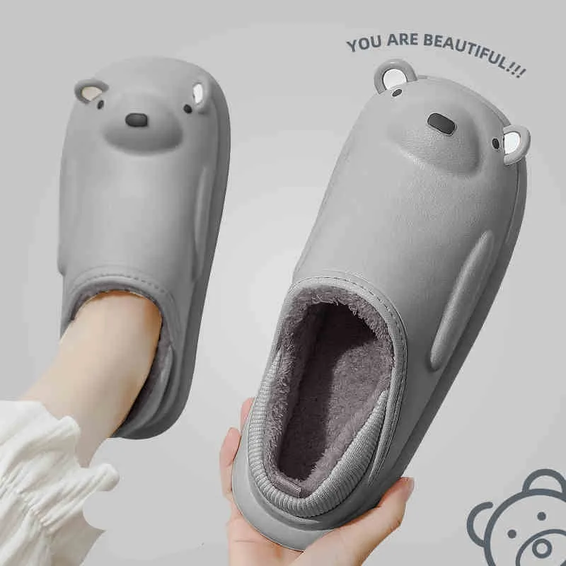 Winter Waterproof Cotton Outdoor Women Indoor Slides Soft Thick Slippers Couple Non-slip Warm Cartoon Plush Sandals