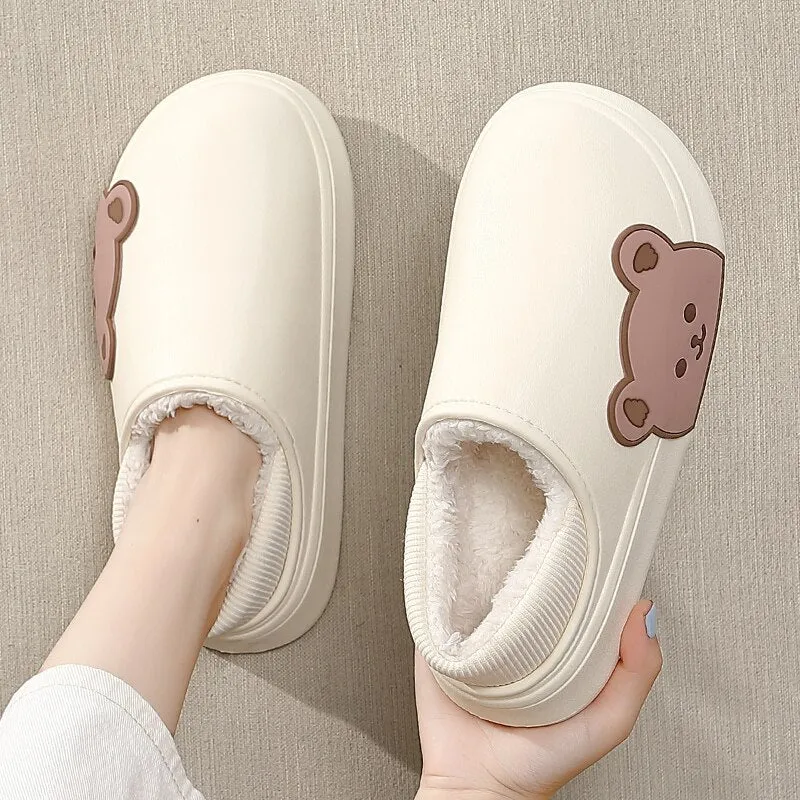 Winter Waterproof Cotton Outdoor Women Indoor Slides Soft Thick Slippers Couple Non-slip Warm Cartoon Plush Sandals
