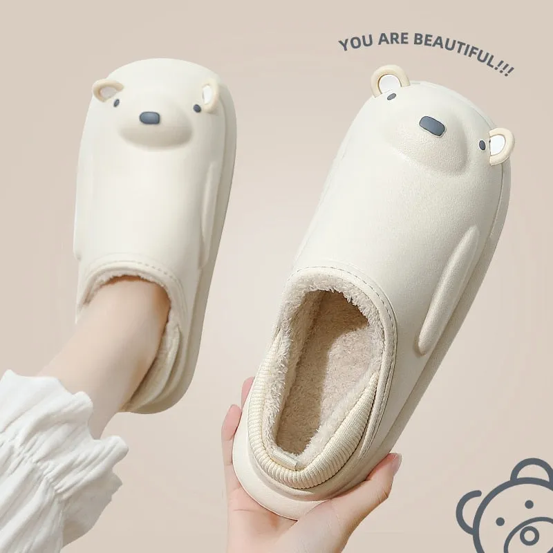 Winter Waterproof Cotton Outdoor Women Indoor Slides Soft Thick Slippers Couple Non-slip Warm Cartoon Plush Sandals