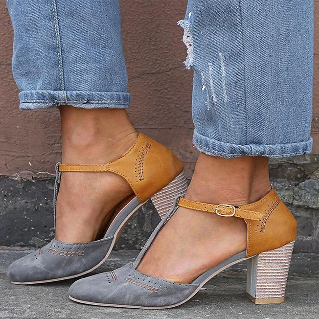 Women closed round toe t strap chunky heel ankle strap heels