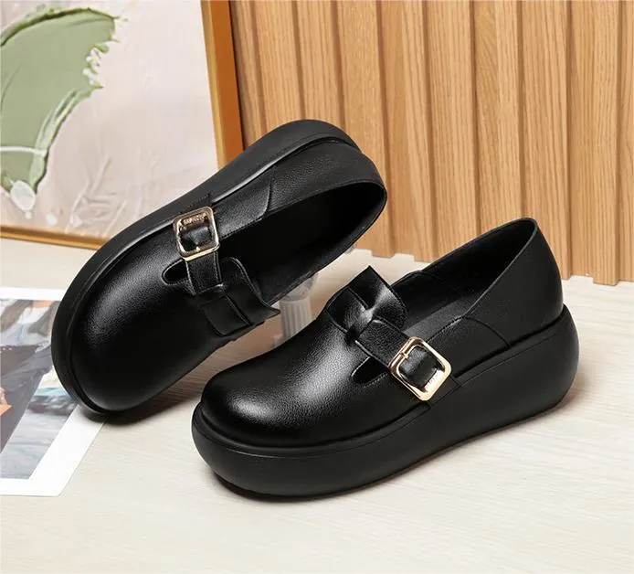 Women Round Toe Soft Soled Leather Wedge Shoes