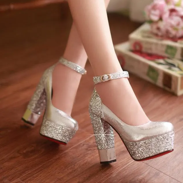 Women sexy glitter ankle strap platform chunky high heels