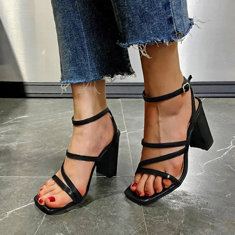 Women square open toe strappy chunky heels