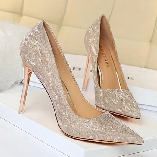 Women wedding pointed toe sequin stiletto high heels