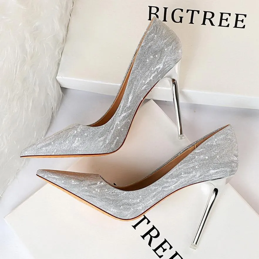 Women wedding pointed toe sequin stiletto high heels
