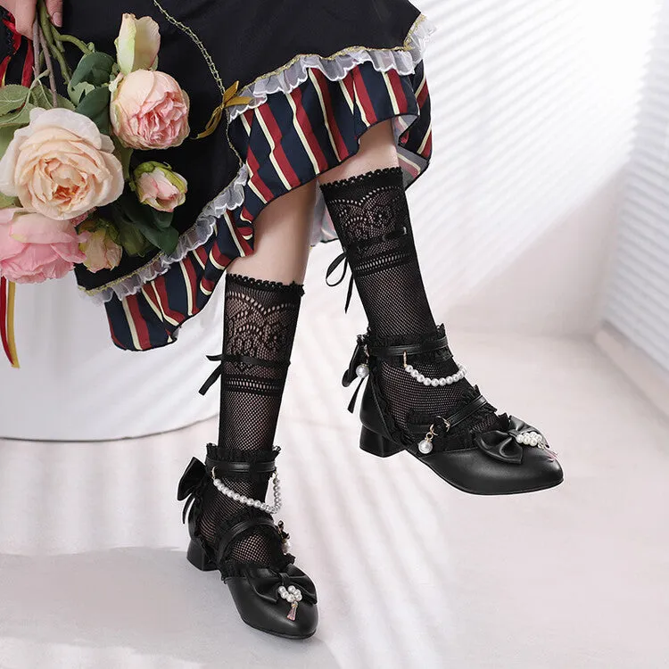 Women's Lace Pearls Bow Tie Ankle Strap Block Heel Sandals
