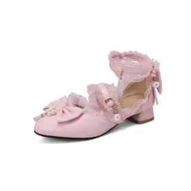 Women's Lace Pearls Bow Tie Ankle Strap Block Heel Sandals