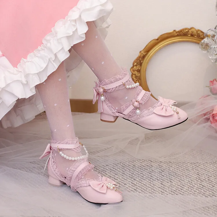 Women's Lace Pearls Bow Tie Ankle Strap Block Heel Sandals