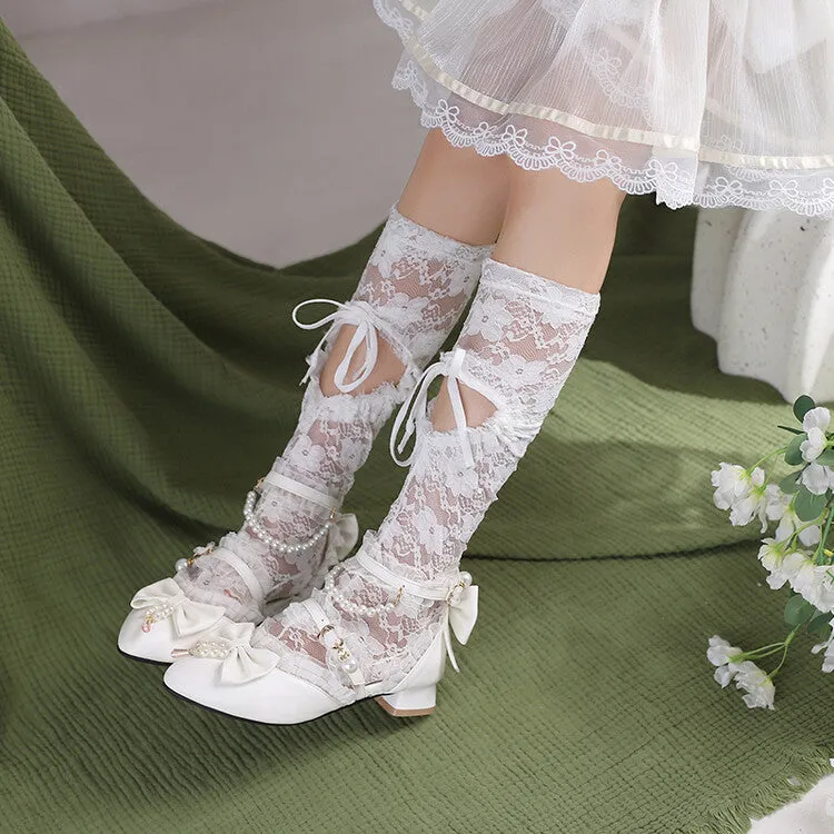 Women's Lace Pearls Bow Tie Ankle Strap Block Heel Sandals