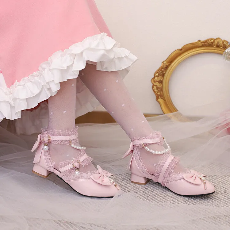 Women's Lace Pearls Bow Tie Ankle Strap Block Heel Sandals