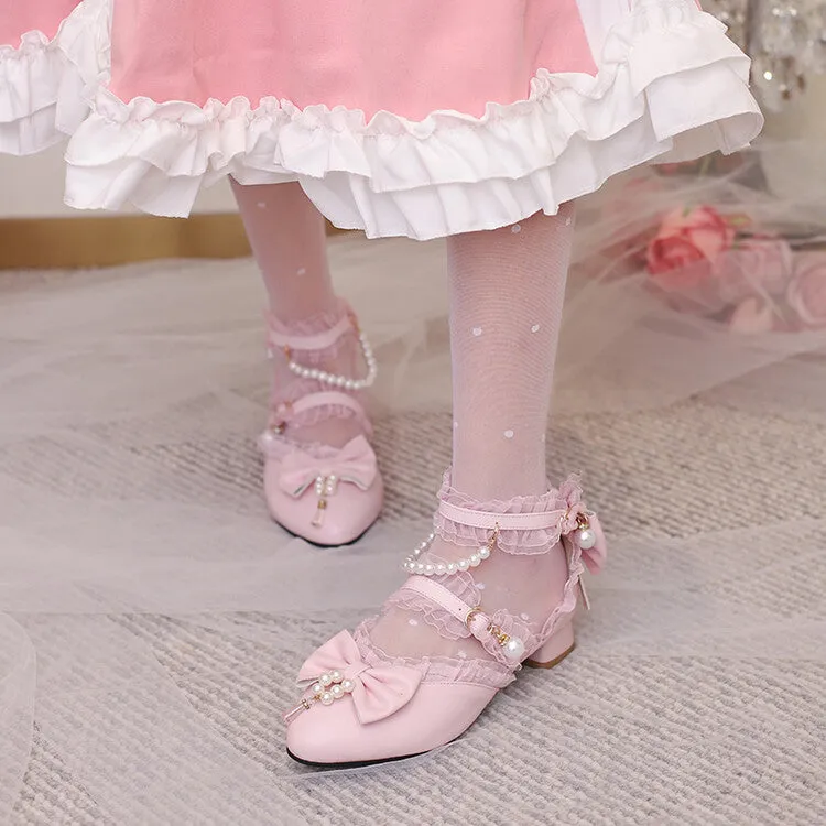 Women's Lace Pearls Bow Tie Ankle Strap Block Heel Sandals