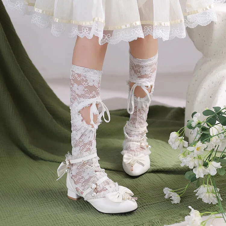 Women's Lace Pearls Bow Tie Ankle Strap Block Heel Sandals