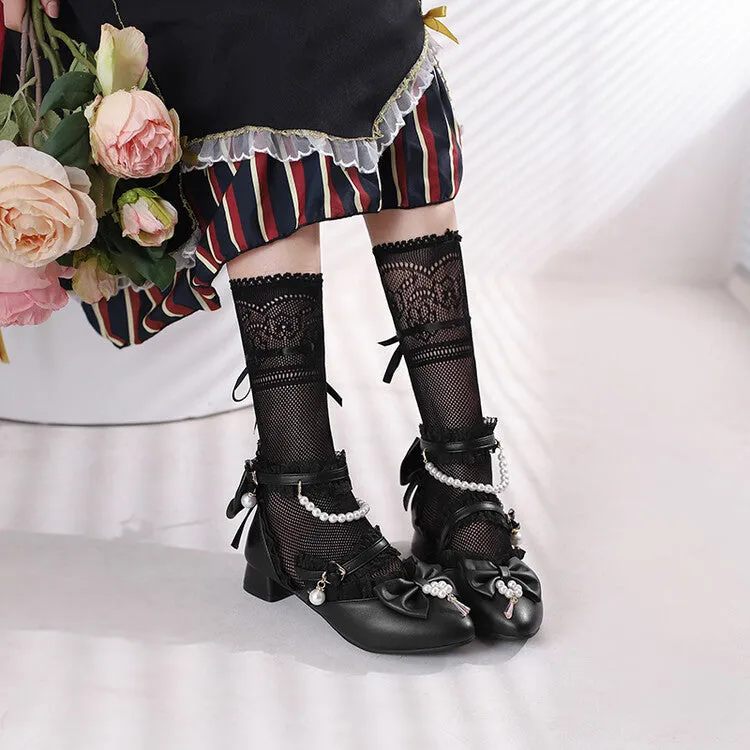 Women's Lace Pearls Bow Tie Ankle Strap Block Heel Sandals