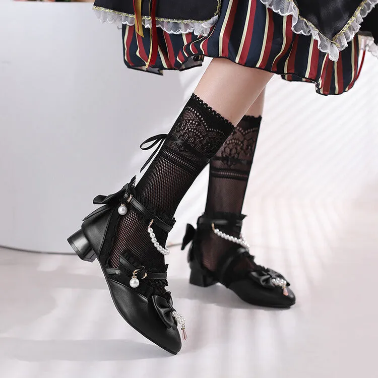 Women's Lace Pearls Bow Tie Ankle Strap Block Heel Sandals