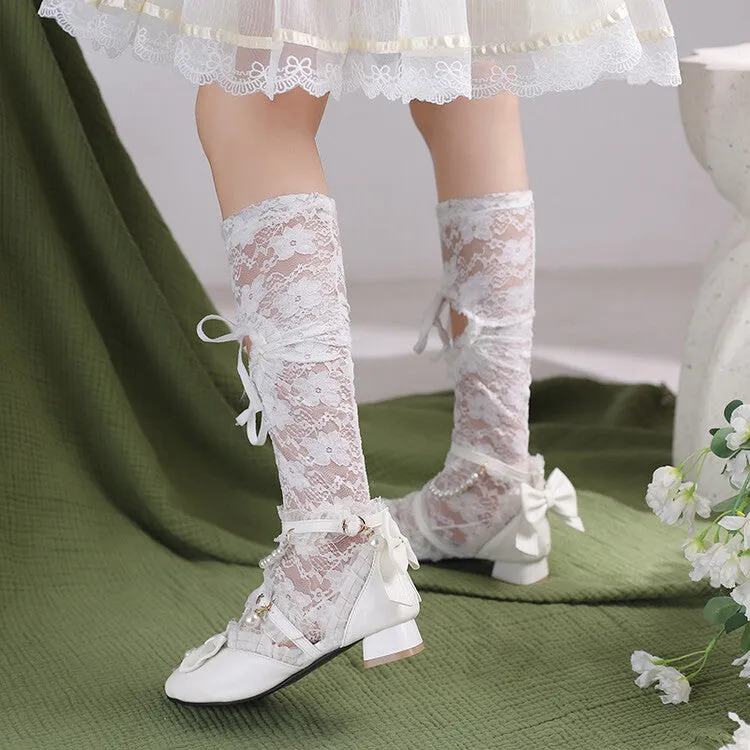 Women's Lace Pearls Bow Tie Ankle Strap Block Heel Sandals