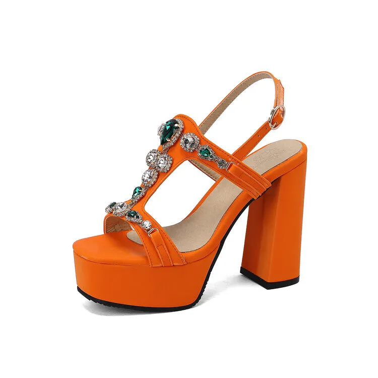 Women's Rhinestone T Strap Chunky Heel Platform Sandals