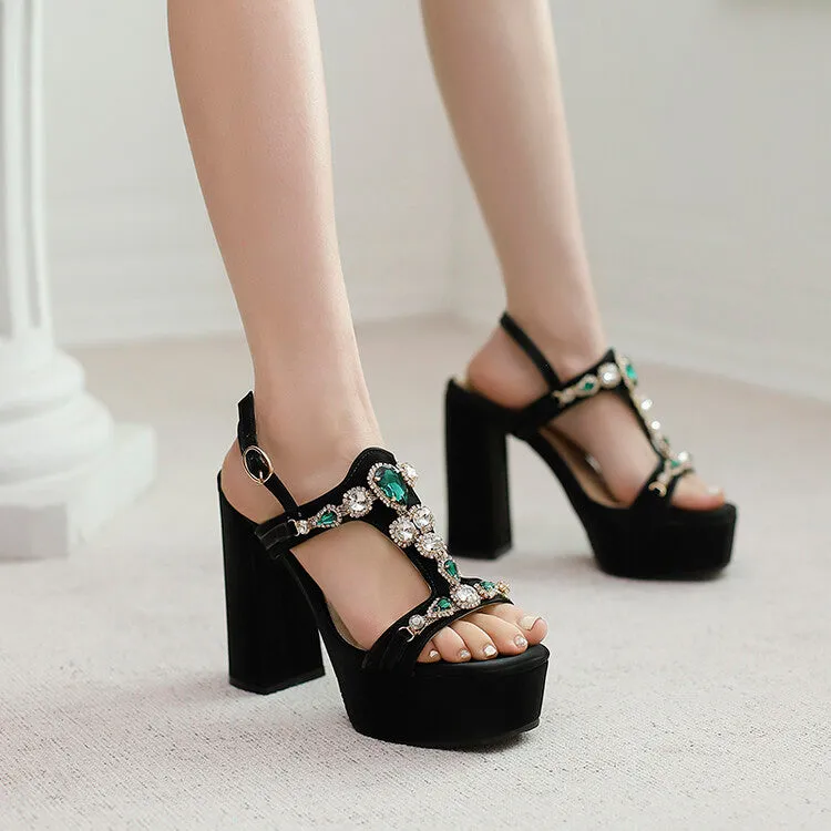 Women's Rhinestone T Strap Chunky Heel Platform Sandals