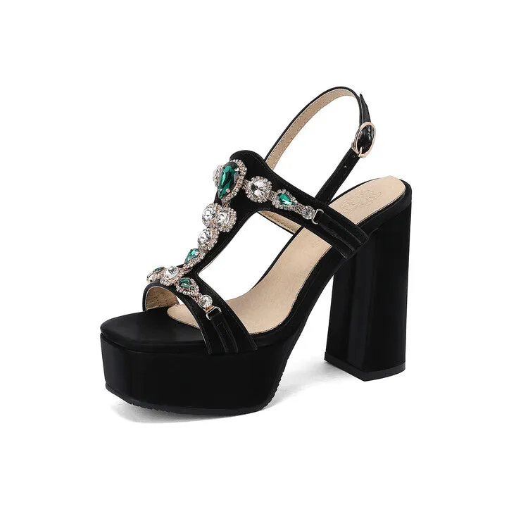 Women's Rhinestone T Strap Chunky Heel Platform Sandals