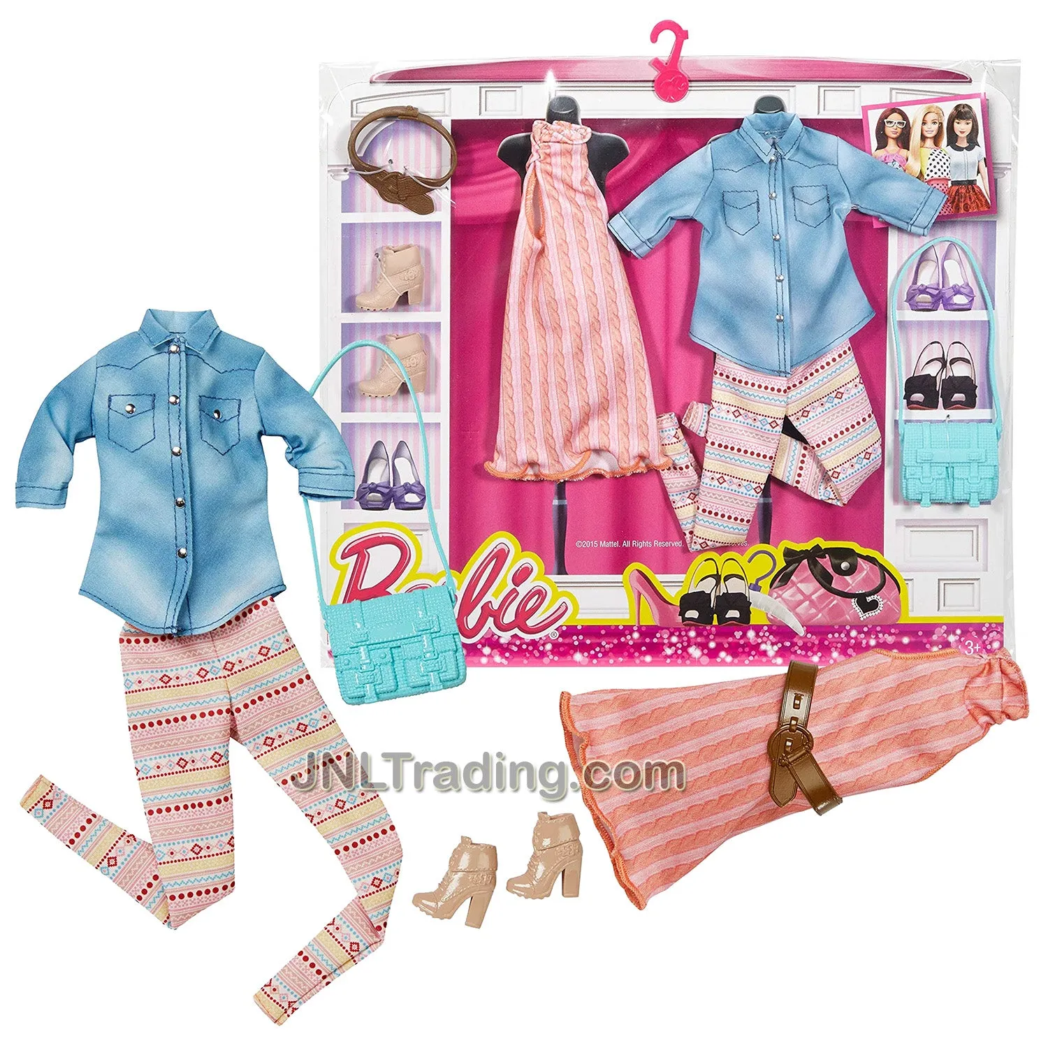 Year 2015 Barbie Fashionistas Series Fashion Pack - DAILY CASUAL OUTFITS DMF55 with Baby Doll Dress, Blue Shirts, Pants, Belt, Purse and Shoes